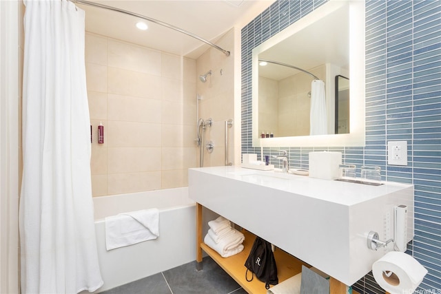1390 Kapiolani Blvd Unit 3808, Honolulu, HI 96814 - bathroom with shower / bath combo with shower curtain, tile walls, tile patterned flooring, decorative backsplash, and vanity