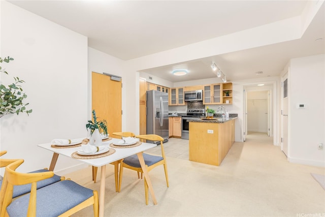 600 Queen St Unit 2103, Honolulu, HI 96813 - kitchen featuring stainless steel appliances, a peninsula, glass insert cabinets, open shelves, and backsplash