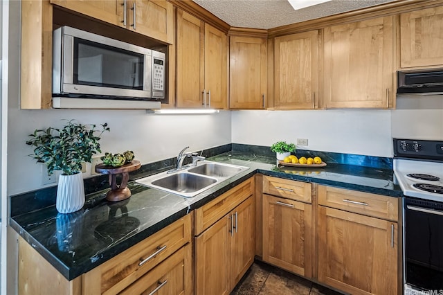 98-288 Kaonohi St Unit 3901, Aiea, HI 96701 - kitchen featuring stainless steel microwave, white electric stove, a textured ceiling, brown cabinetry, and under cabinet range hood