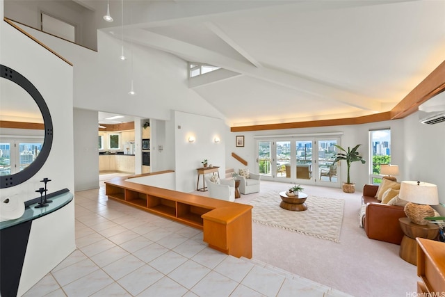 2117 Aulii St, Honolulu, HI 96817 - living area with beamed ceiling, light tile patterned floors, a wall mounted air conditioner, and high vaulted ceiling