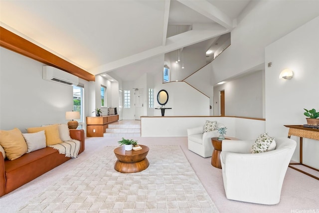 2117 Aulii St, Honolulu, HI 96817 - carpeted living area with an AC wall unit, high vaulted ceiling, and beam ceiling
