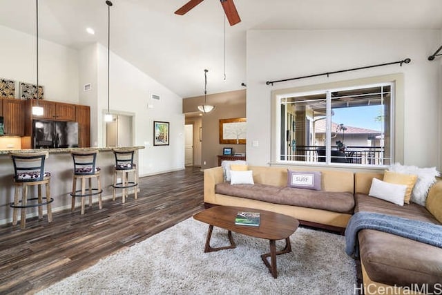 75-6025 Alii Dr Unit L201, Kailua Kona, HI 96740 - living room featuring dark wood-type flooring, high vaulted ceiling, and a ceiling fan
