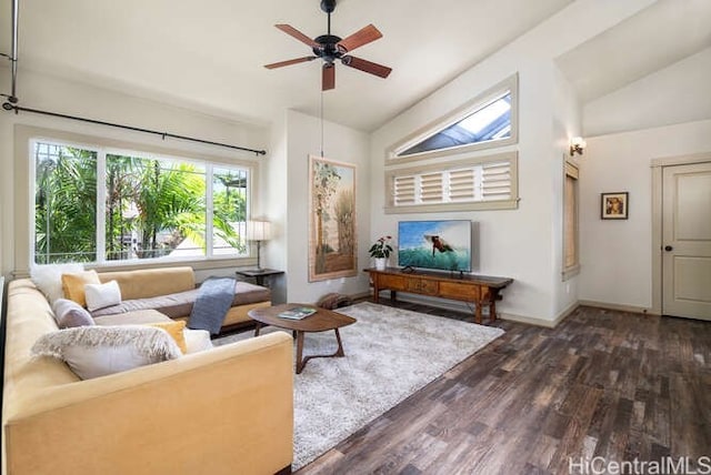75-6025 Alii Dr Unit L201, Kailua Kona, HI 96740 - living room with plenty of natural light, wood finished floors, a ceiling fan, and high vaulted ceiling