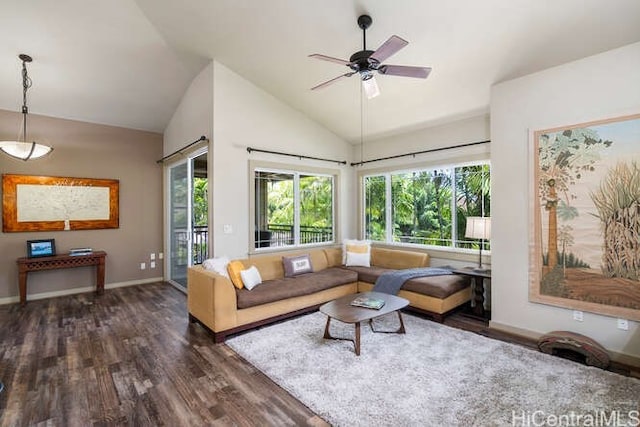 75-6025 Alii Dr Unit L201, Kailua Kona, HI 96740 - living area featuring wood finished floors, a ceiling fan, and high vaulted ceiling