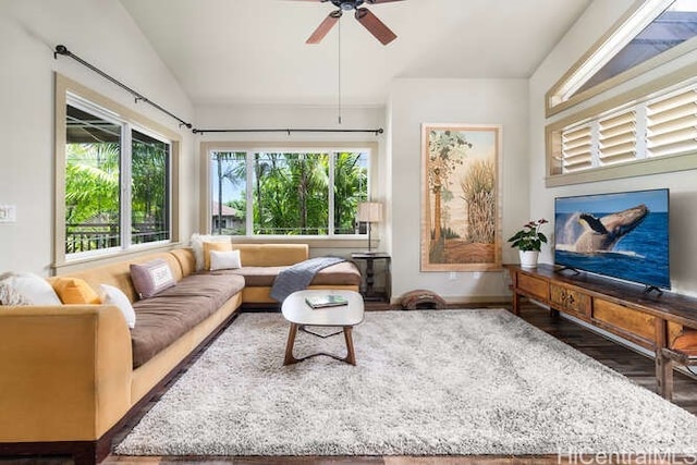 75-6025 Alii Dr Unit L201, Kailua Kona, HI 96740 - living area with ceiling fan, wood finished floors, and lofted ceiling