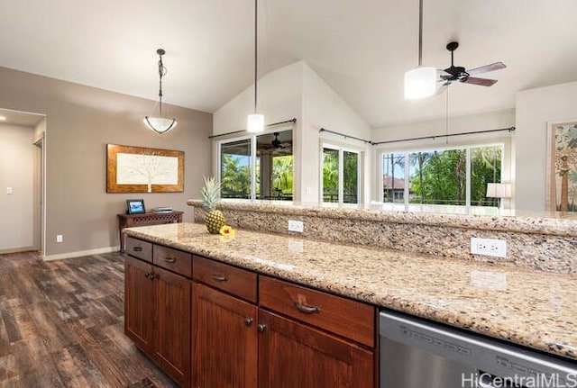 75-6025 Alii Dr Unit L201, Kailua Kona, HI 96740 - kitchen featuring stainless steel dishwasher, vaulted ceiling, ceiling fan, dark wood finished floors, and healthy amount of natural light