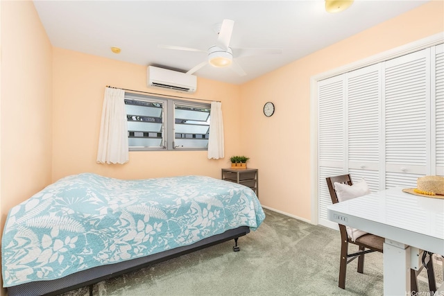 341 Opihikao Pl Unit 422, Honolulu, HI 96825 - bedroom featuring a wall mounted air conditioner, carpet floors, a closet, and a ceiling fan