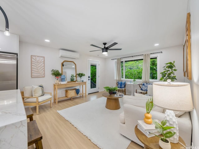 3641 Kumuone St, Honolulu, HI 96822 - living room featuring an AC wall unit, ceiling fan, light wood finished floors, and recessed lighting