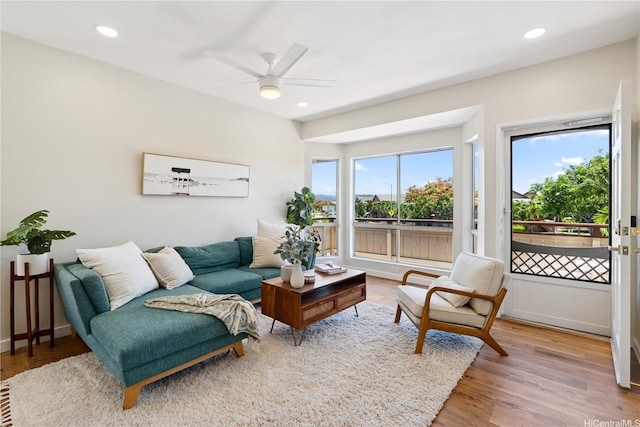 91-985 Puahala St Unit 42R, Ewa Beach, HI 96706 - living area with recessed lighting, a ceiling fan, and wood finished floors