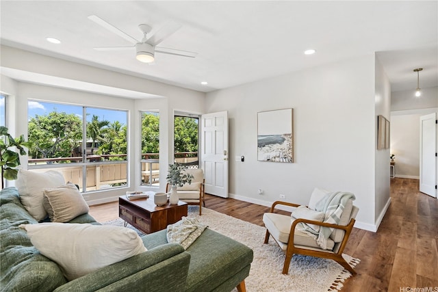 91-985 Puahala St Unit 42R, Ewa Beach, HI 96706 - living room featuring a ceiling fan, wood finished floors, and recessed lighting