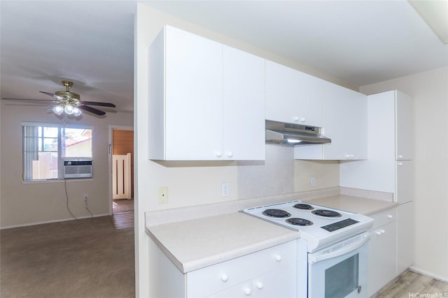 91-1093 Namahoe St Unit 5E, Kapolei, HI 96707 - kitchen featuring under cabinet range hood, white electric range oven, light countertops, and white cabinets