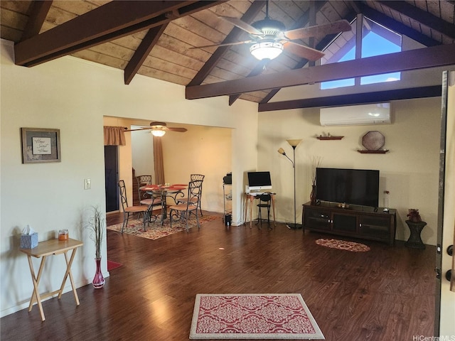 94-373 Leleaka St, Mililani, HI 96789 - living area with a ceiling fan, a wall unit AC, wood finished floors, a wood ceiling with exposed beams, and high vaulted ceiling