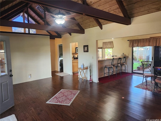 94-373 Leleaka St, Mililani, HI 96789 - living area with a ceiling fan, wood finished floors, a wooden ceiling with exposed beams, and high vaulted ceiling