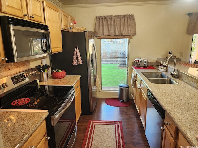 94-373 Leleaka St, Mililani, HI 96789 - kitchen with stainless steel appliances, dark wood-style floors, crown molding, and light stone counters
