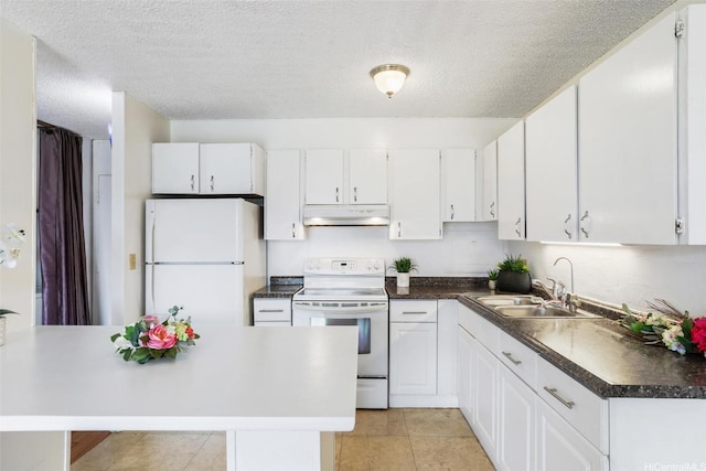 1830 Wilikina Dr Unit 602, Wahiawa, HI 96786 - kitchen featuring white appliances, under cabinet range hood, white cabinetry, dark countertops, and a textured ceiling