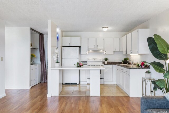 1830 Wilikina Dr Unit 602, Wahiawa, HI 96786 - kitchen featuring white appliances, under cabinet range hood, white cabinets, light wood finished floors, and washer / clothes dryer