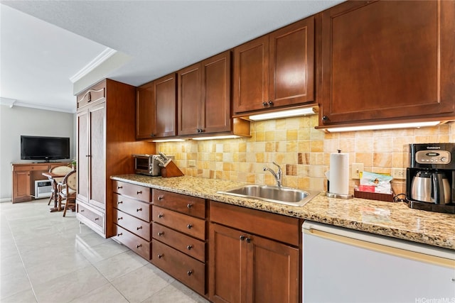2045 Kalakaua Ave Unit 403, Honolulu, HI 96815 - kitchen with dishwasher, crown molding, tasteful backsplash, and light stone countertops