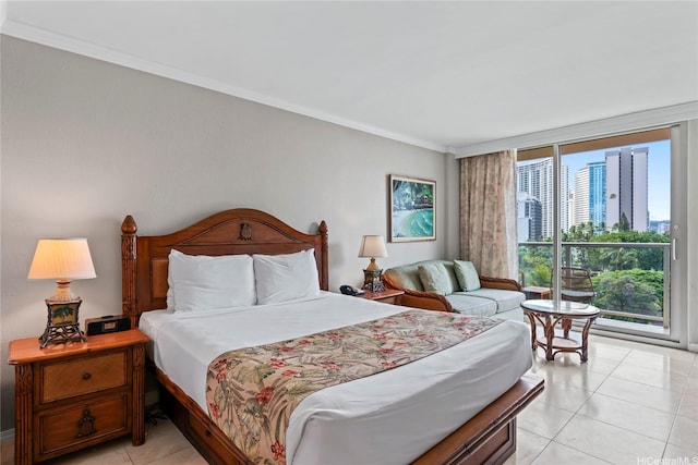 2045 Kalakaua Ave Unit 403, Honolulu, HI 96815 - bedroom featuring access to outside, light tile patterned floors, ornamental molding, and floor to ceiling windows