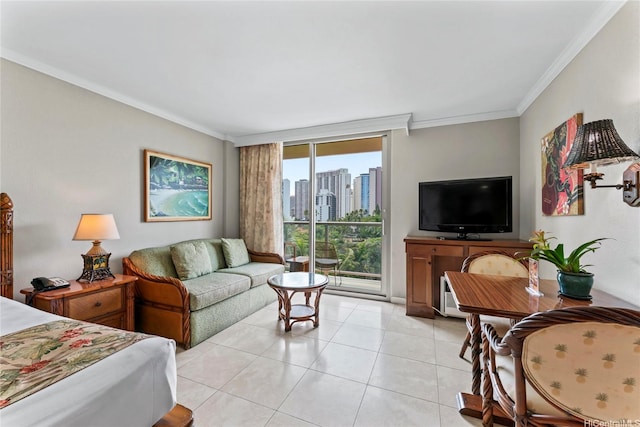 2045 Kalakaua Ave Unit 403, Honolulu, HI 96815 - bedroom featuring crown molding, access to outside, light tile patterned floors, and floor to ceiling windows
