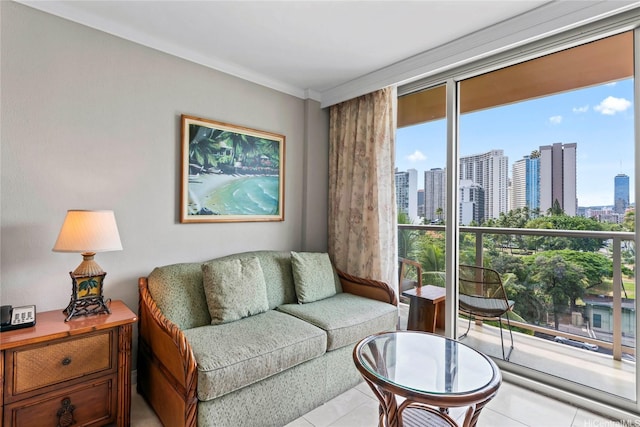 2045 Kalakaua Ave Unit 403, Honolulu, HI 96815 - tiled living area featuring a view of skyline and crown molding