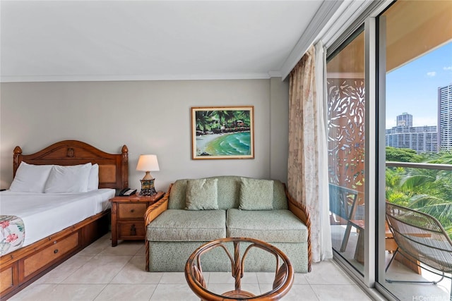 2045 Kalakaua Ave Unit 403, Honolulu, HI 96815 - bedroom featuring access to outside, light tile patterned floors, crown molding, and a view of city