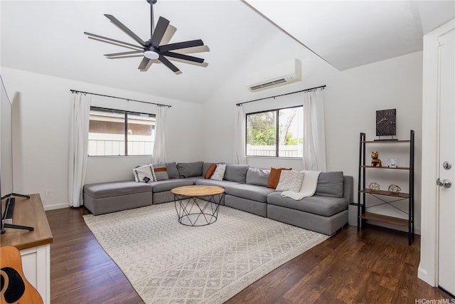 94-1010 Awalua St, Waipahu, HI 96797 - living room with a wall mounted AC, healthy amount of natural light, dark wood-type flooring, ceiling fan, and lofted ceiling