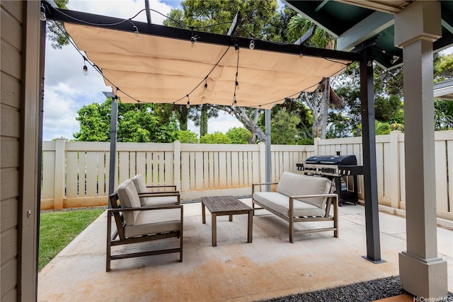 94-1010 Awalua St, Waipahu, HI 96797 - fenced backyard with an outdoor hangout area, a grill, and a patio