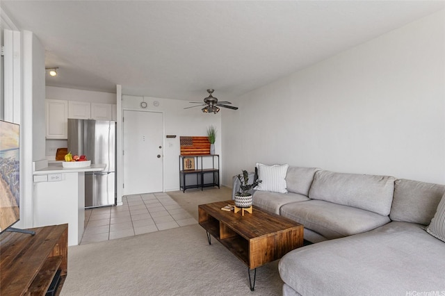 775 Kinalau Pl Unit 1806, Honolulu, HI 96813 - living room featuring light tile patterned flooring, ceiling fan, and light colored carpet