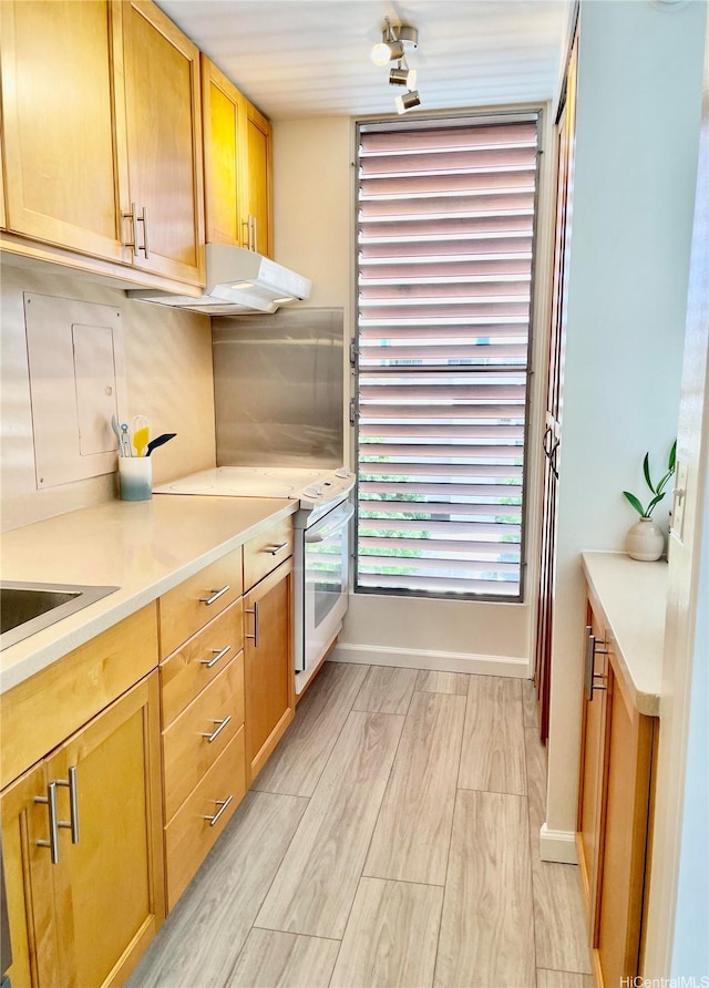 1556 Piikoi St Unit 506, Honolulu, HI 96822 - kitchen featuring light wood-type flooring, light countertops, under cabinet range hood, and oven