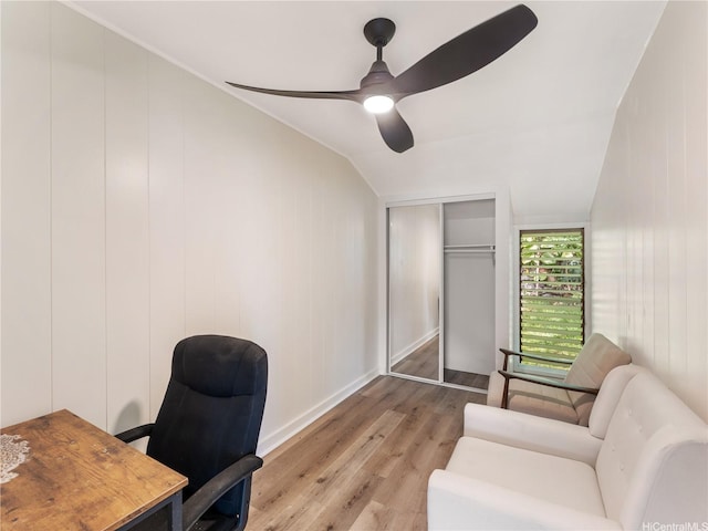 3063 Woolsey Pl, Honolulu, HI 96822 - office space with lofted ceiling, wood finished floors, and ceiling fan