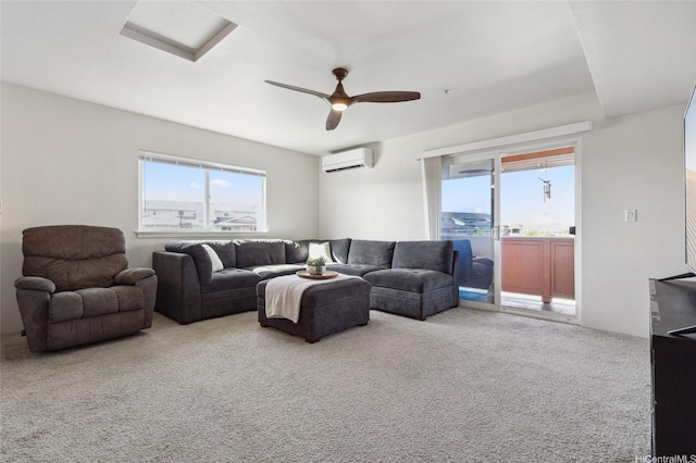 642 Kakala St Unit 1311, Kapolei, HI 96707 - living room with carpet floors, attic access, an AC wall unit, and ceiling fan