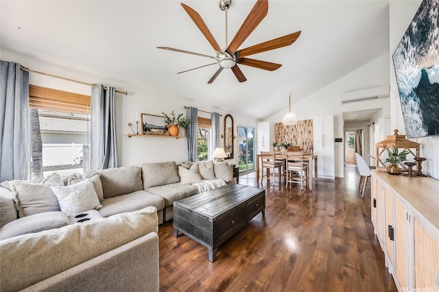 91-1516 Keonekapu St, Ewa Beach, HI 96706 - living room featuring a ceiling fan, a wall mounted air conditioner, dark wood finished floors, and high vaulted ceiling