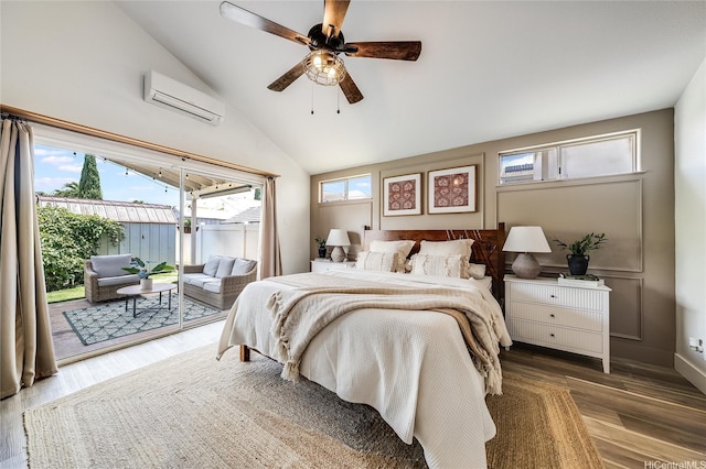 91-1516 Keonekapu St, Ewa Beach, HI 96706 - bedroom featuring a wall mounted AC, access to outside, wood finished floors, lofted ceiling, and a ceiling fan