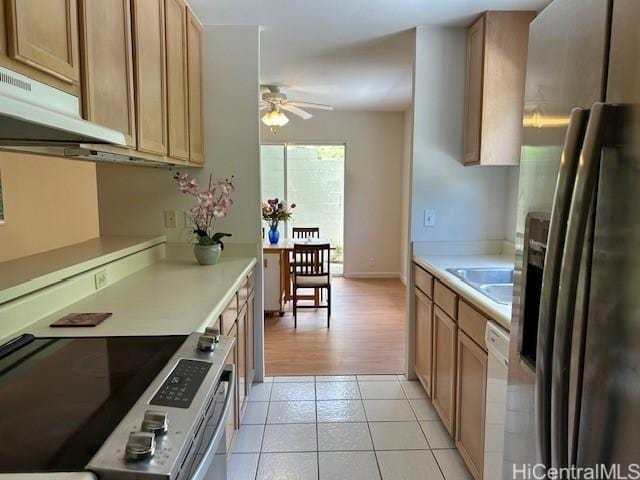 2556 Palolo Pl Unit 4B, Honolulu, HI 96816 - kitchen with fridge with ice dispenser, under cabinet range hood, ceiling fan, and light countertops