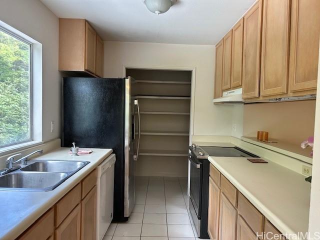 2556 Palolo Pl Unit 4B, Honolulu, HI 96816 - kitchen featuring electric range, extractor fan, dishwasher, light tile patterned flooring, and light countertops