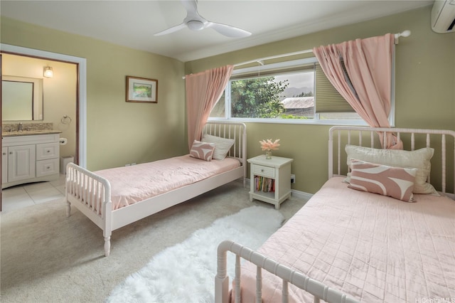 68-17 Laau Paina Pl, Waialua, HI 96791 - bedroom with a wall mounted AC, light carpet, ensuite bathroom, and ceiling fan