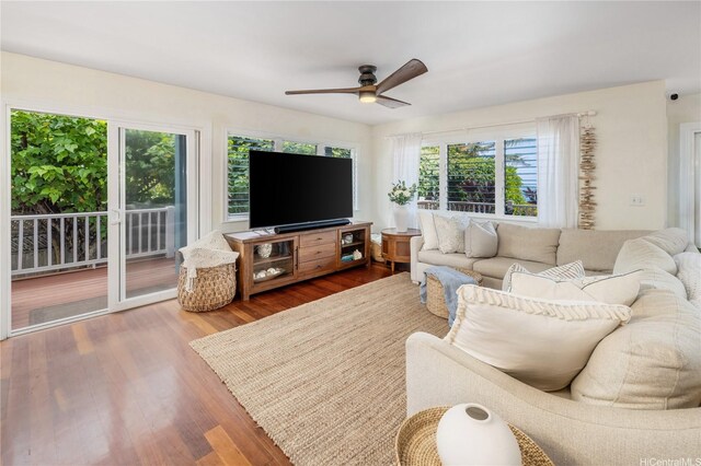 68-17 Laau Paina Pl, Waialua, HI 96791 - living room with a ceiling fan and wood finished floors