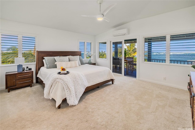 68-17 Laau Paina Pl, Waialua, HI 96791 - bedroom featuring a wall unit AC, access to outside, lofted ceiling, light colored carpet, and a ceiling fan
