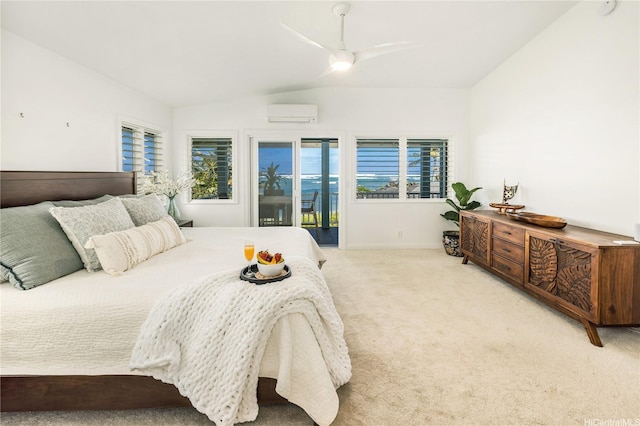 68-17 Laau Paina Pl, Waialua, HI 96791 - bedroom featuring carpet flooring, access to outside, vaulted ceiling, a wall unit AC, and a ceiling fan