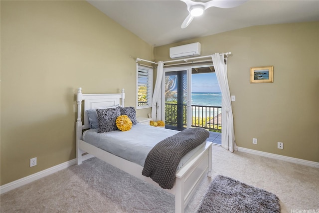 68-17 Laau Paina Pl, Waialua, HI 96791 - bedroom featuring access to exterior, carpet floors, a wall mounted AC, a ceiling fan, and a water view