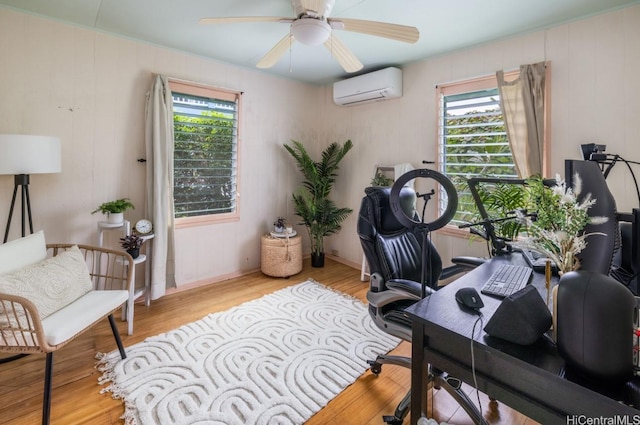 68-17 Laau Paina Pl, Waialua, HI 96791 - office featuring a wall mounted air conditioner, healthy amount of natural light, ceiling fan, and wood finished floors