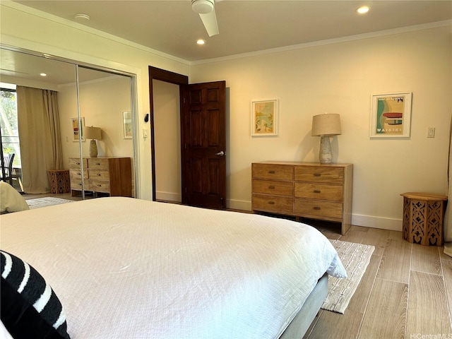 57-68 Eleku Kuilima Pl Unit 657, Kahuku, HI 96731 - bedroom featuring ornamental molding, a closet, recessed lighting, wood finished floors, and ceiling fan