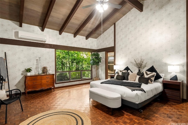 46-478 Haiku Plantations Dr, Kaneohe, HI 96744 - bedroom with a wall mounted air conditioner, wallpapered walls, and a ceiling fan
