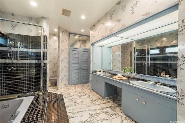 46-478 Haiku Plantations Dr, Kaneohe, HI 96744 - full bath featuring wallpapered walls, double vanity, a stall shower, marble finish flooring, and a bath