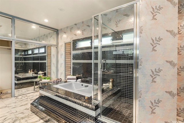 46-478 Haiku Plantations Dr, Kaneohe, HI 96744 - bathroom with a bath, a shower stall, wallpapered walls, marble finish floors, and recessed lighting