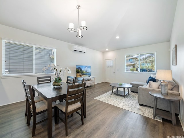 91-1512 Ulaula Loop, Ewa Beach, HI 96706 - dining room with a wall mounted air conditioner, lofted ceiling, wood finished floors, and recessed lighting