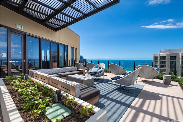 987 Queen St Unit 2308, Honolulu, HI 96814 - wooden terrace with a water view, an outdoor hangout area, and a pergola