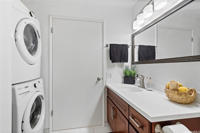 94-496 Kupuohi St Unit 2102, Waipahu, HI 96797 - bathroom featuring stacked washer / dryer and vanity