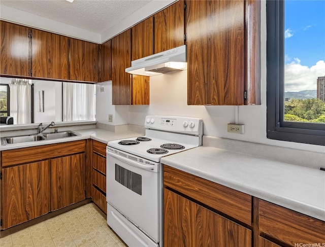 5090 Likini St Unit 501, Honolulu, HI 96818 - kitchen with white electric range, under cabinet range hood, light countertops, brown cabinetry, and a textured ceiling