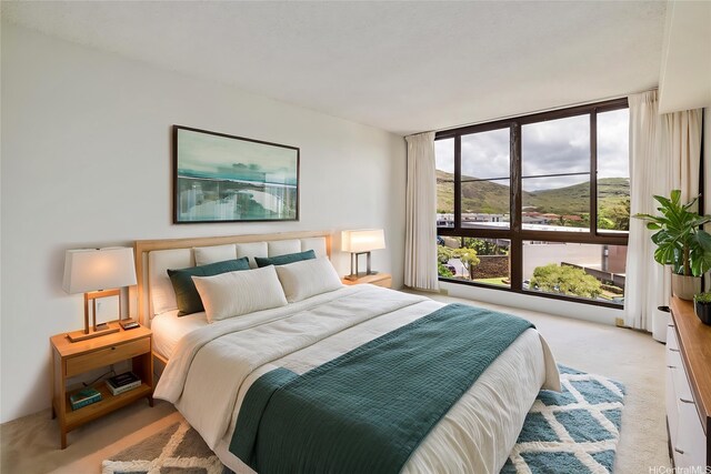 5090 Likini St Unit 501, Honolulu, HI 96818 - bedroom featuring light carpet, a mountain view, and a wall of windows
